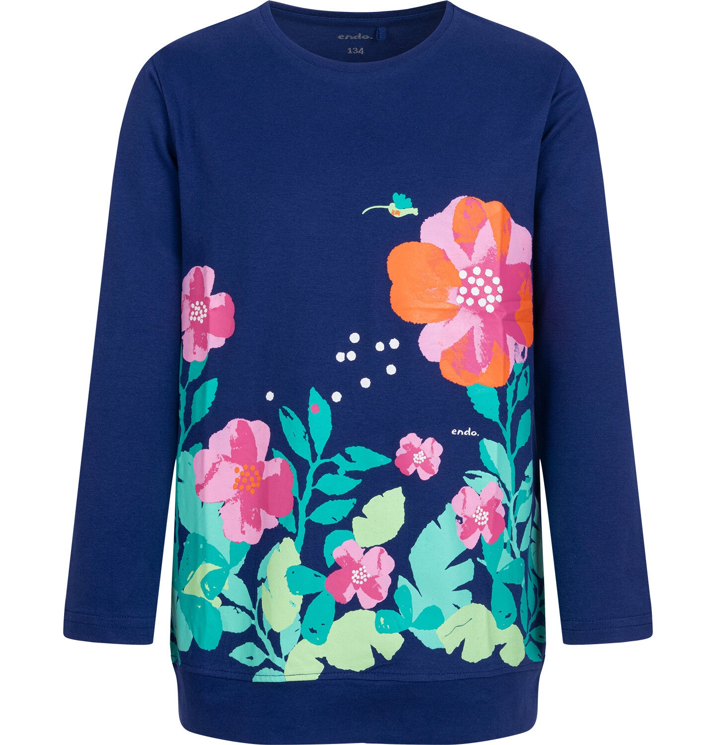 Long-sleeved floral tunic, navy blue, 9-13 years