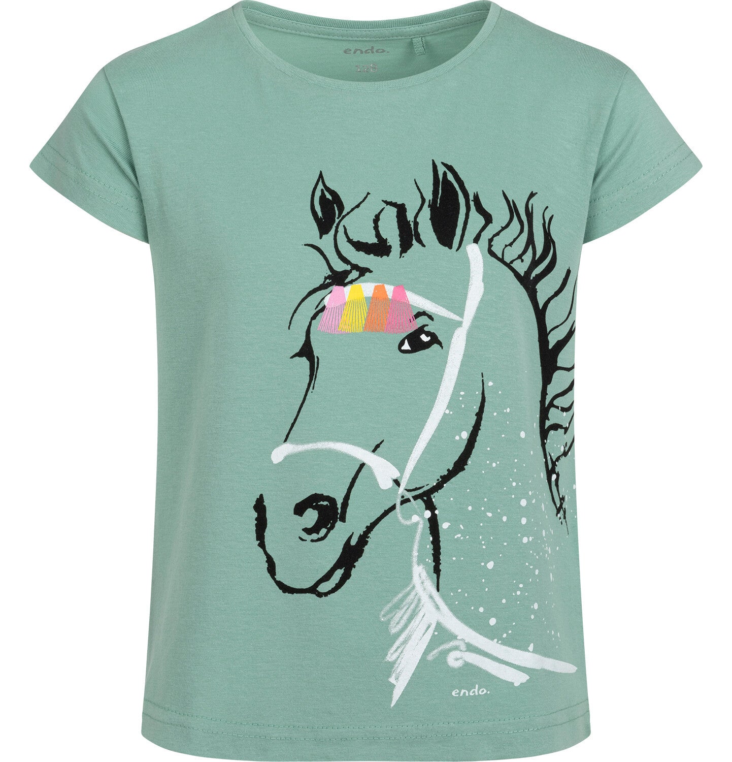 Short-sleeved T-shirt for girls, with a horse, green, 3-8 years old