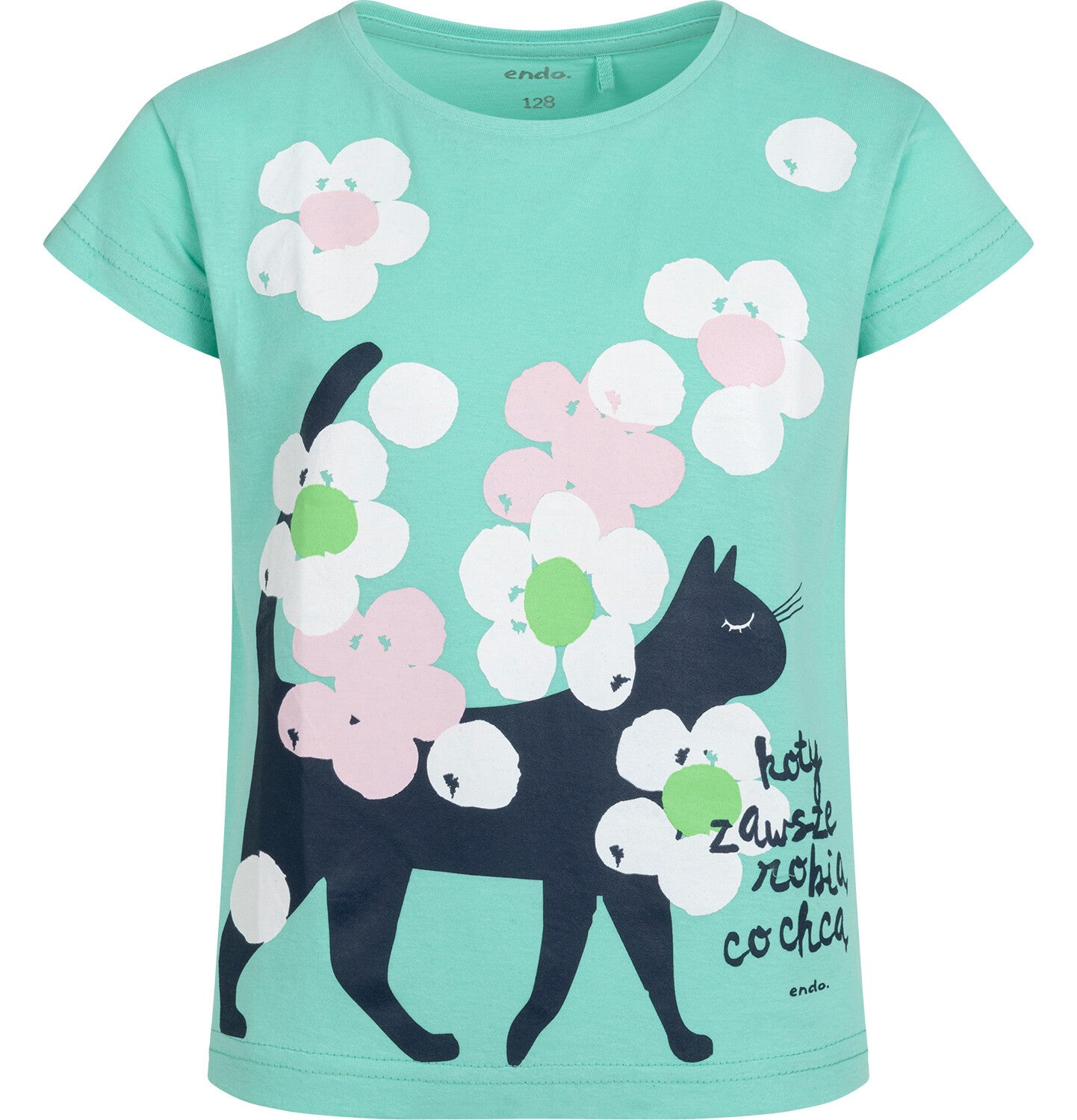Short-sleeved T-shirt for girls, with a cat, green, 3-8 years old