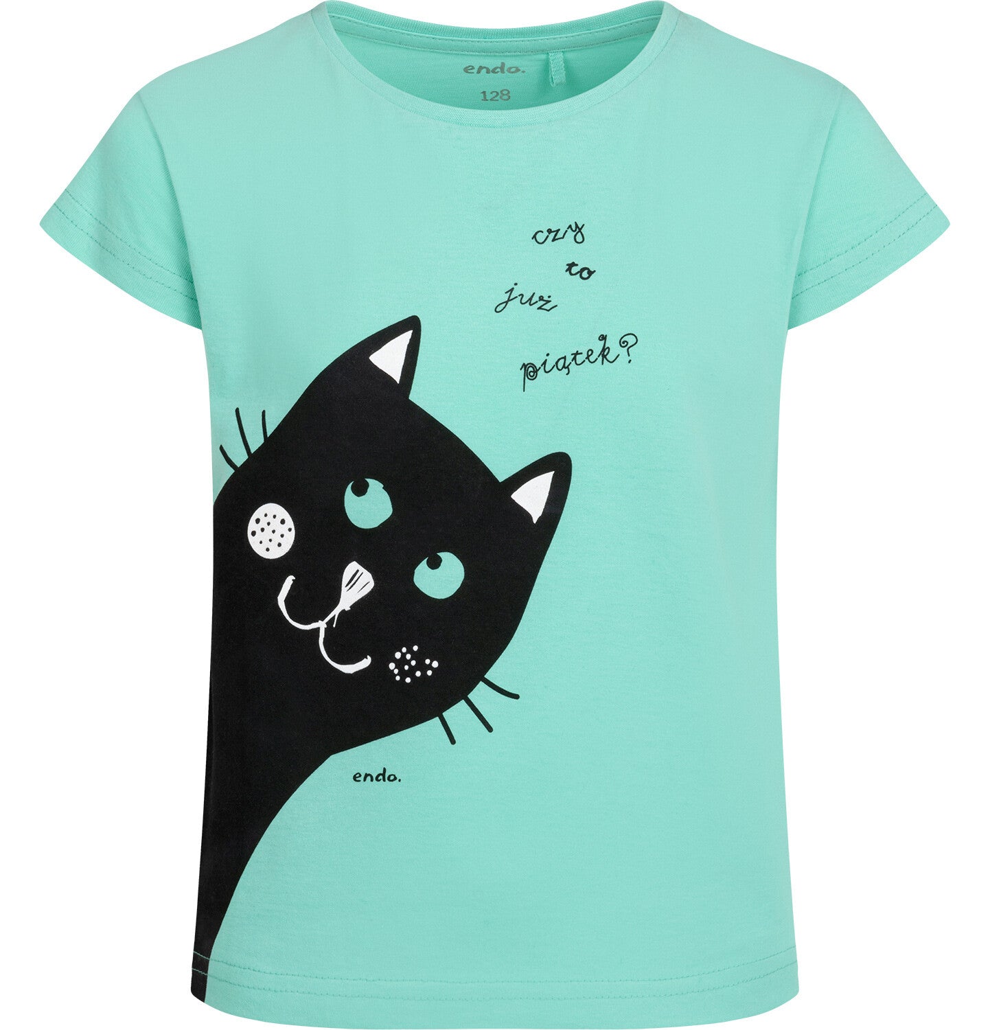T-shirt z krótkim rękawem dla dziewczynki, z kotem, zielony 3-8 lat