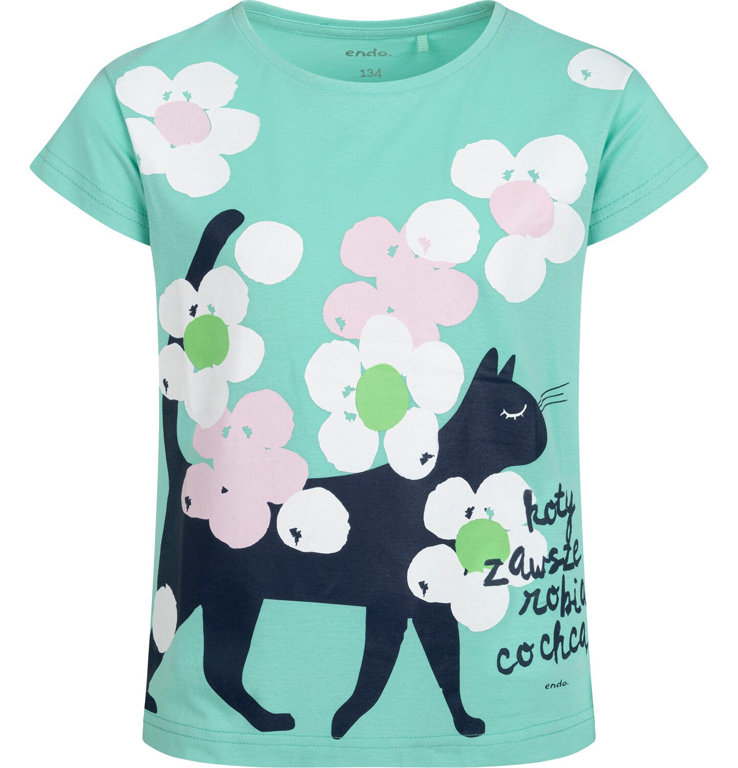 Short-sleeved T-shirt for girls, with a cat, green, 9-13 years old