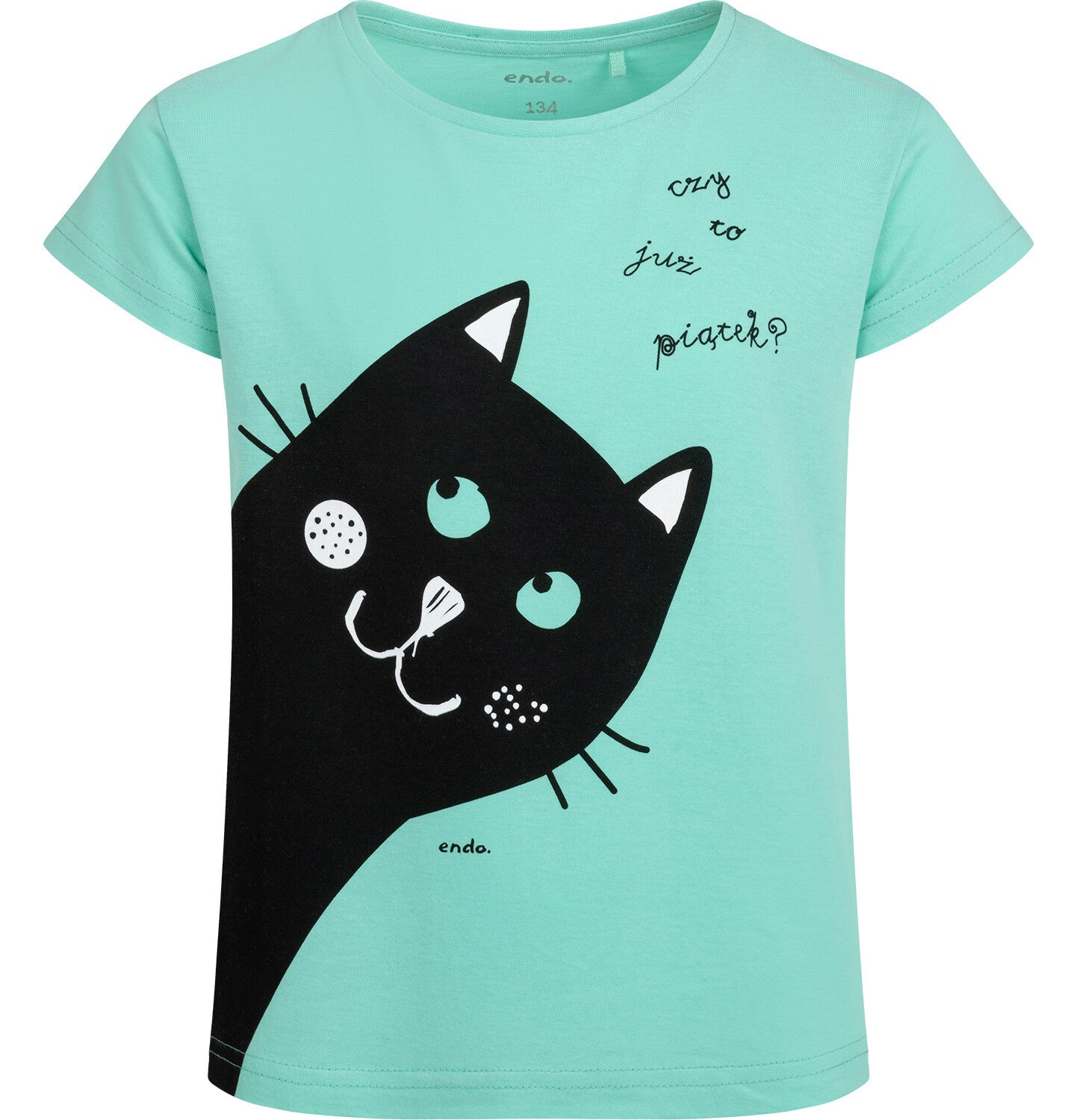 T-shirt z krótkim rękawem dla dziewczynki, z kotem, zielony 9-13 lat