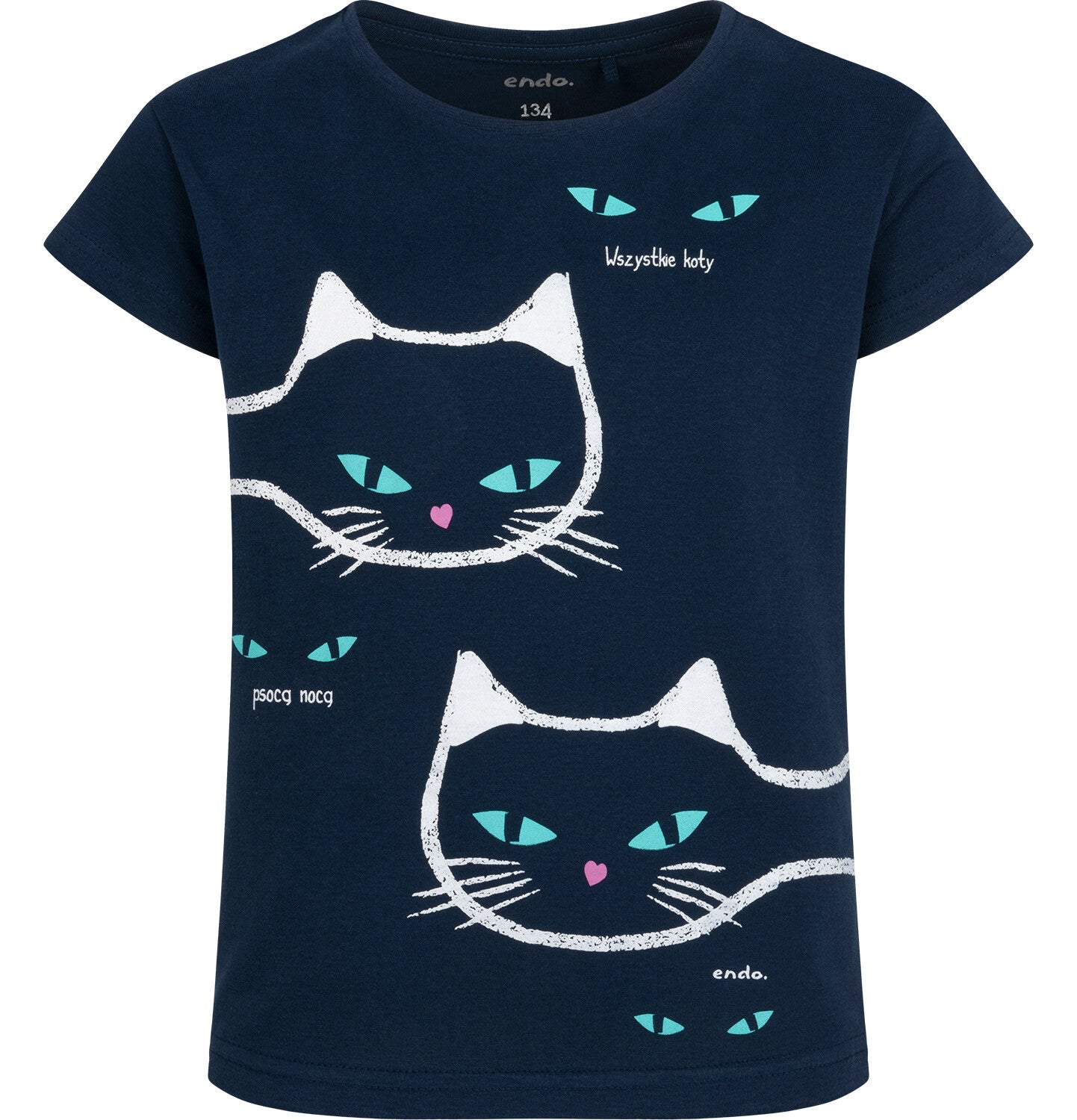 Short-sleeved T-shirt for girls, with cats, navy blue, 9-13 years old