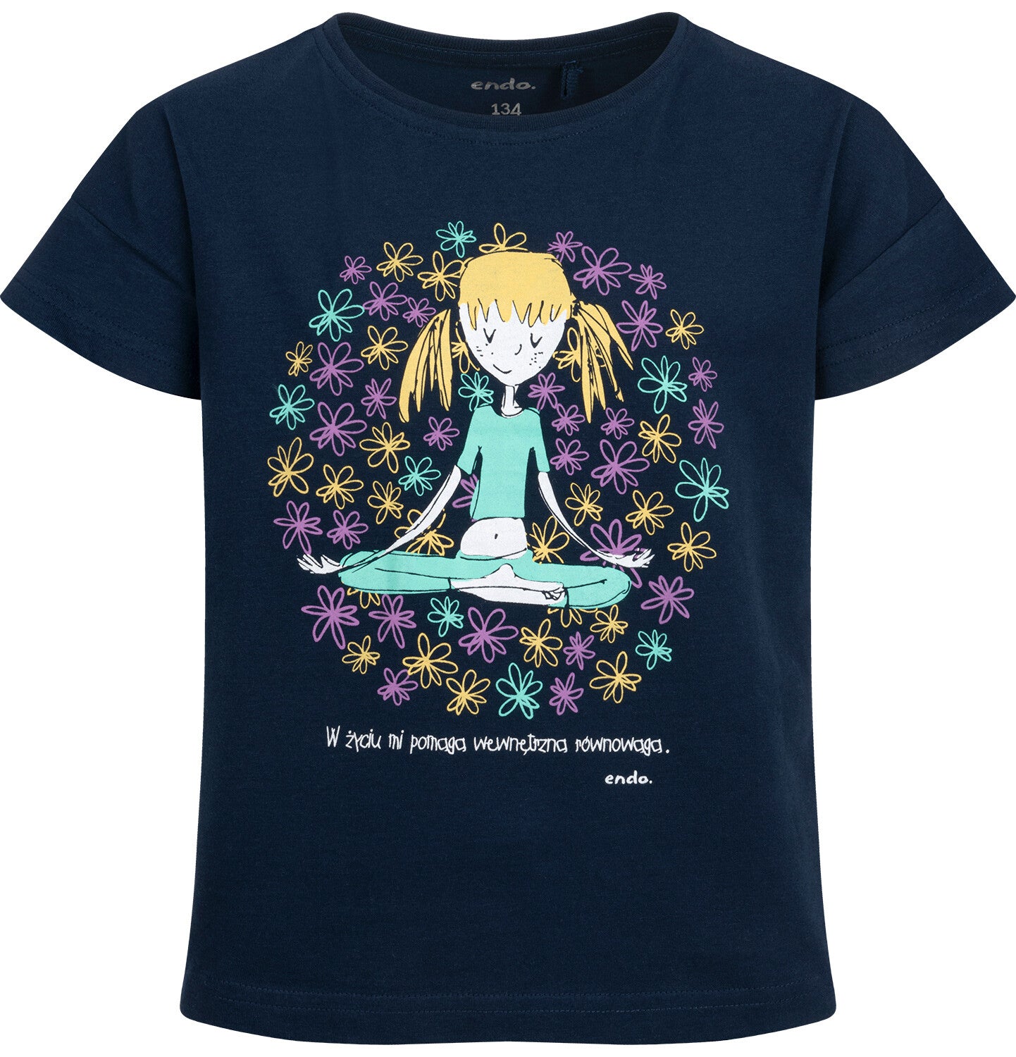 T-shirt z krótkim rękawem dla dziewczynki, z motywem jogi, granatowy 9-13 lat