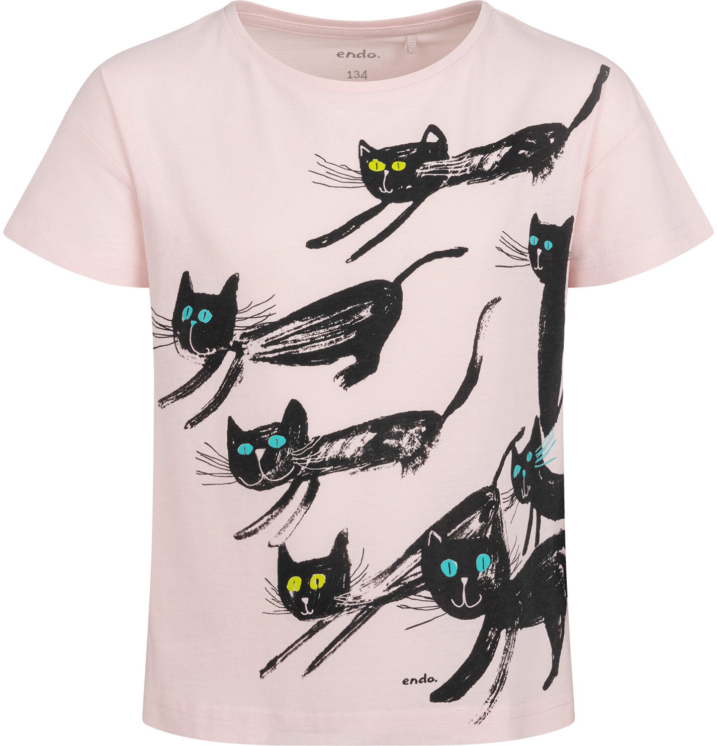 Short-sleeved T-shirt for girls, with cats, pink, 9-13 years old