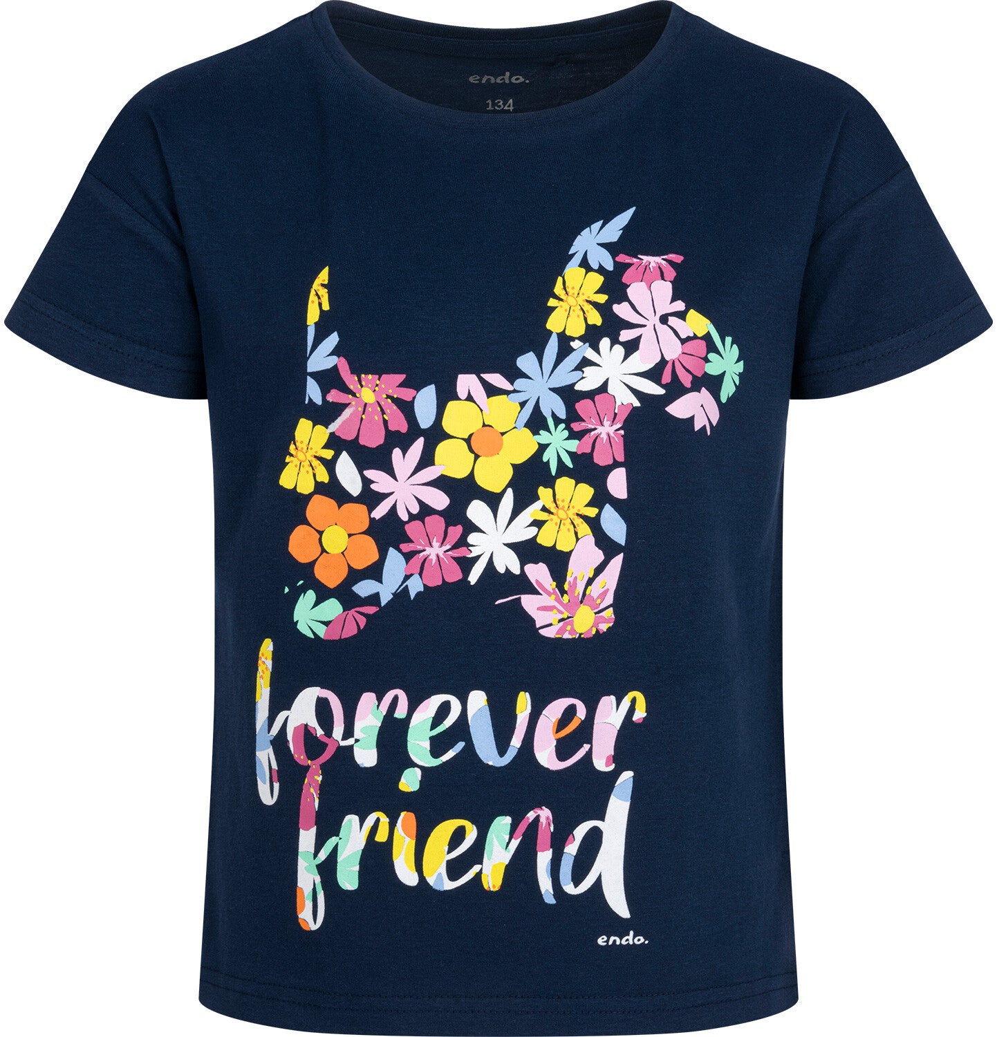 Short-sleeved T-shirt for girls, with a floral motif, navy blue, 9-13 years old