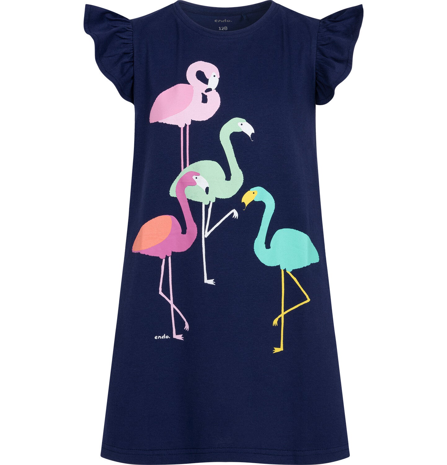 Short-sleeved dress for girls with flamingos, navy blue, 3-8 years old