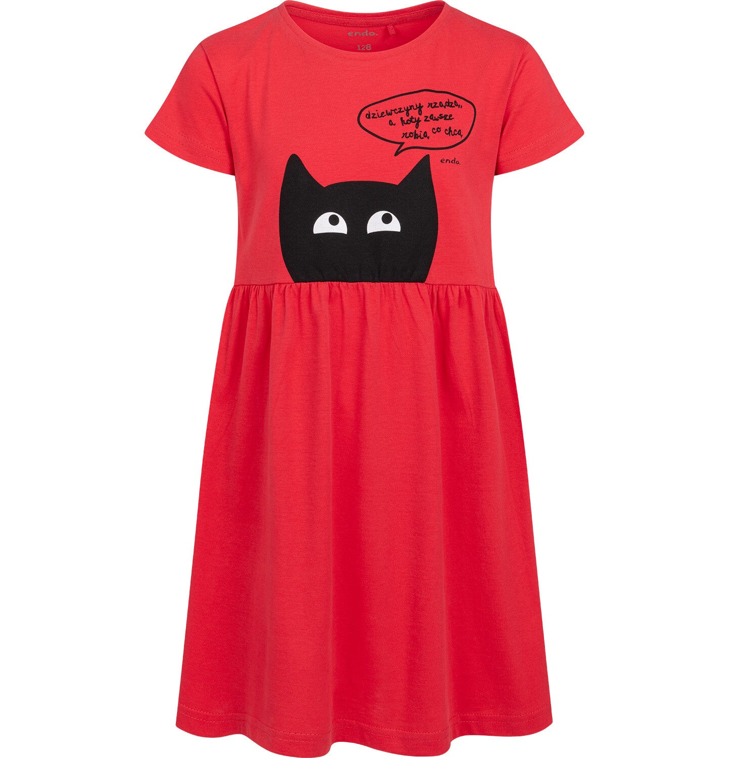 Short-sleeved dress for girls with a cat, pink, 3-8 years old