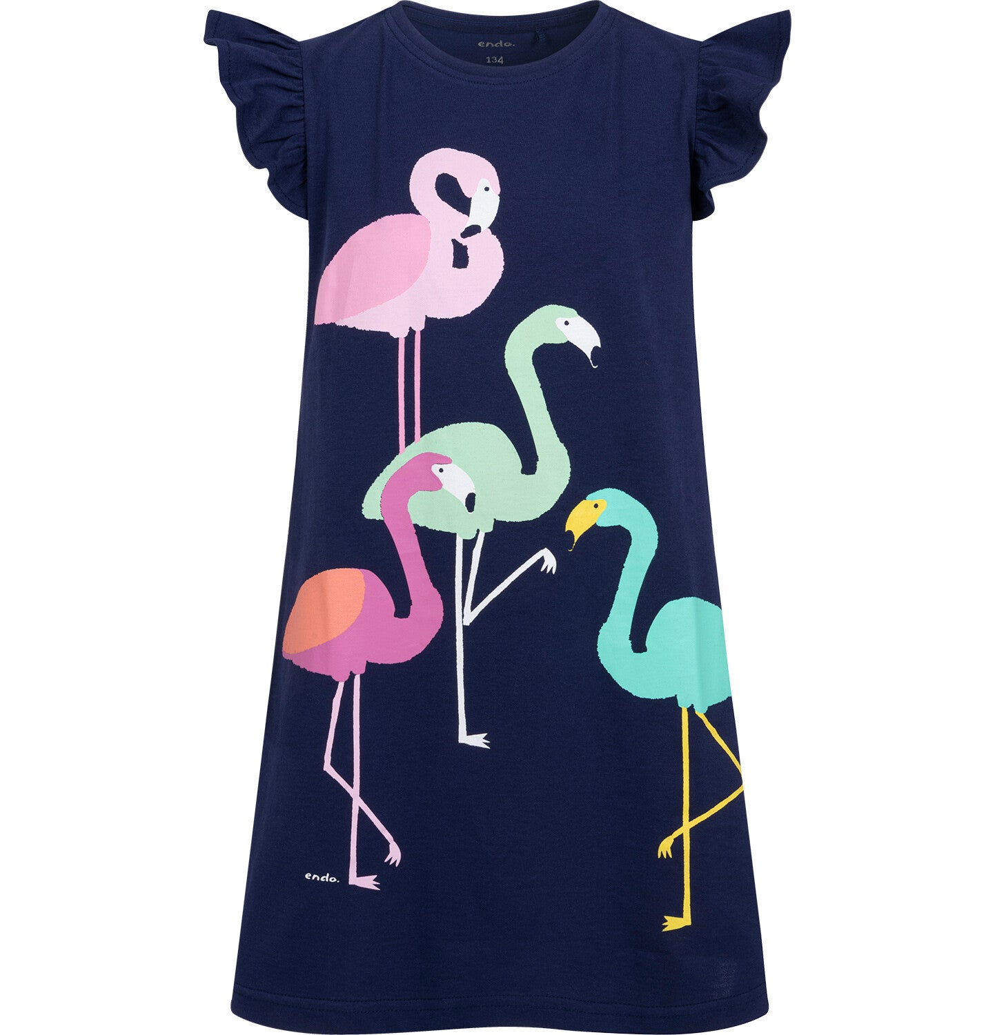 Short-sleeved dress for girls with flamingos, navy blue, 9-13 years old