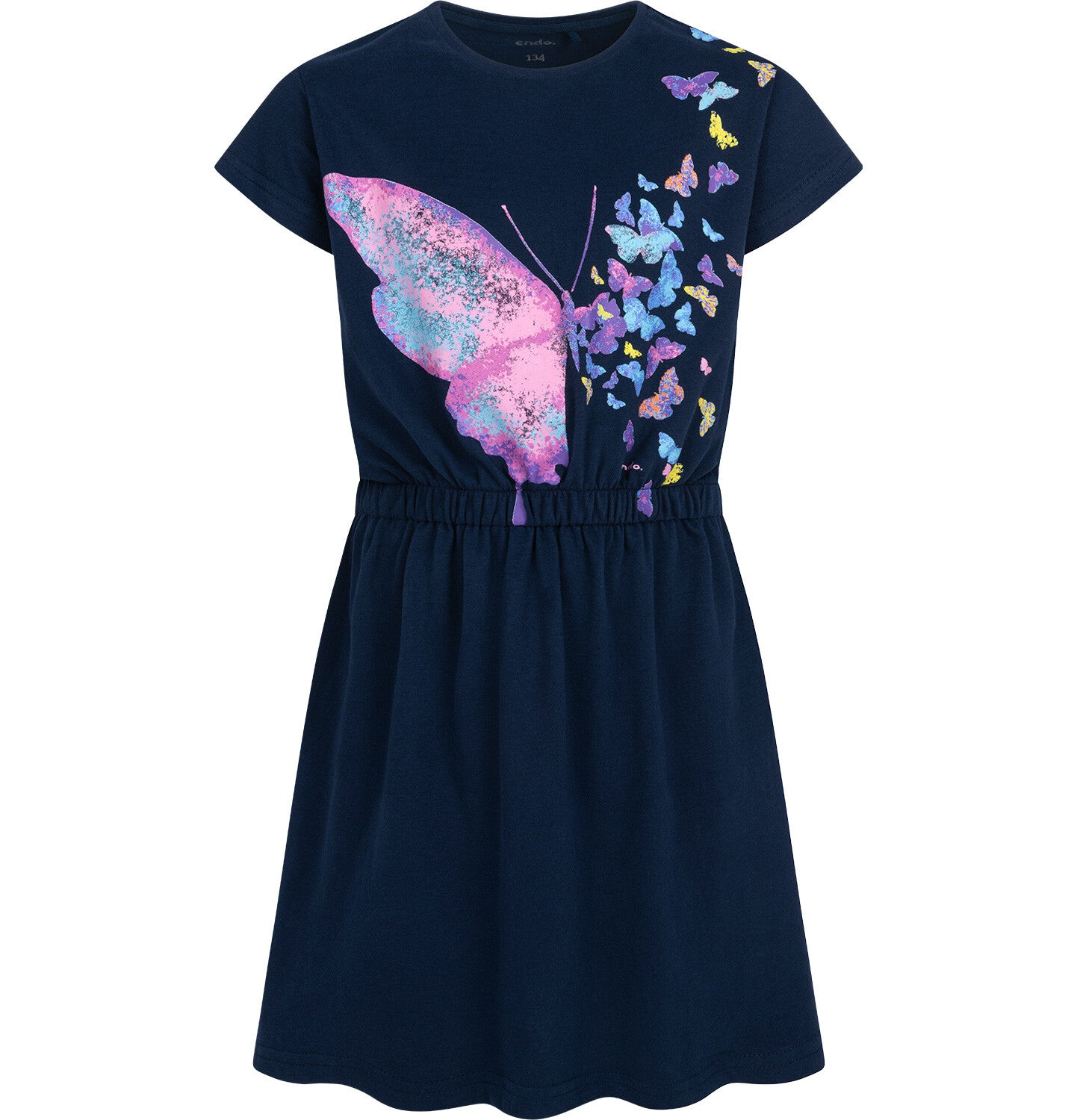 Short-sleeved dress for girls with a butterfly, navy blue, 9-13 years old