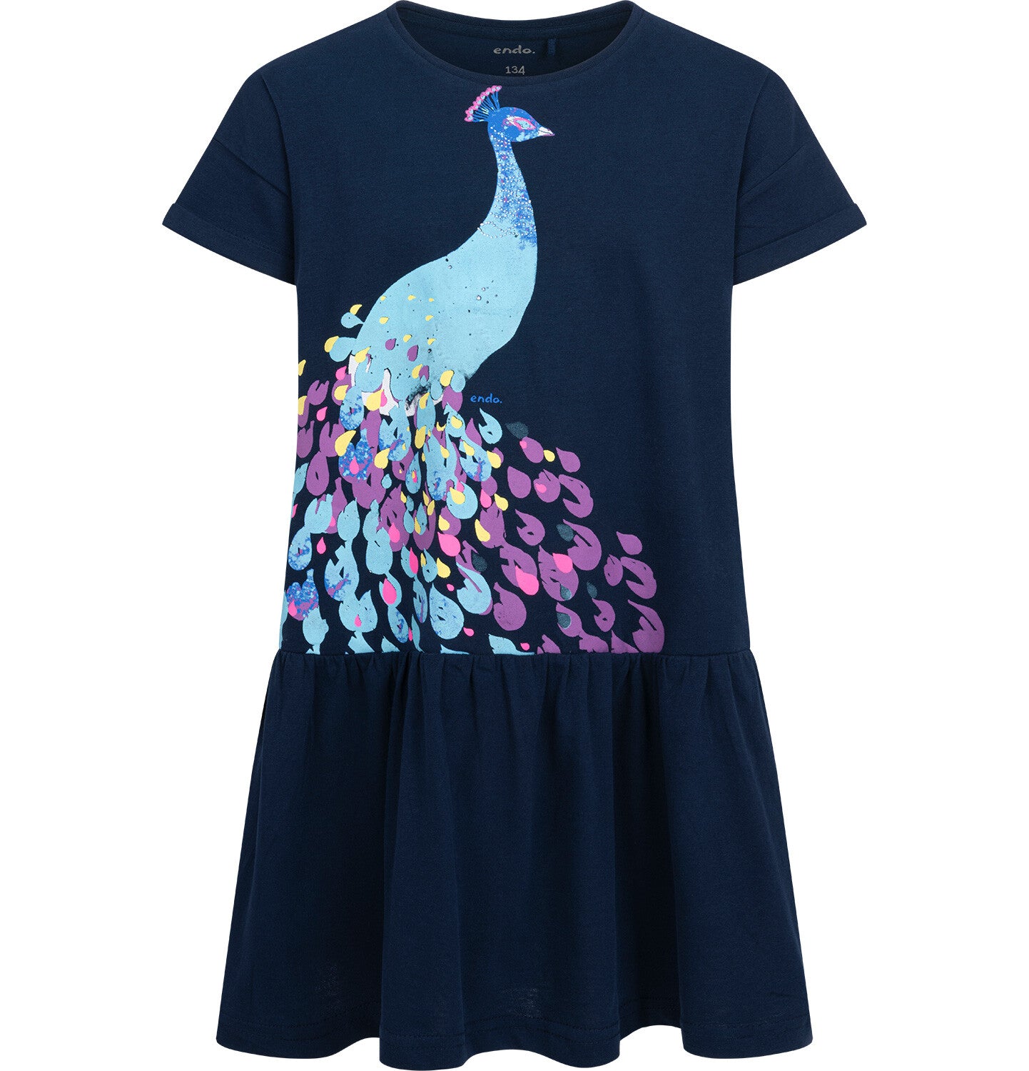 Short-sleeved dress for girls, peacock print, navy blue, 9-13 years old