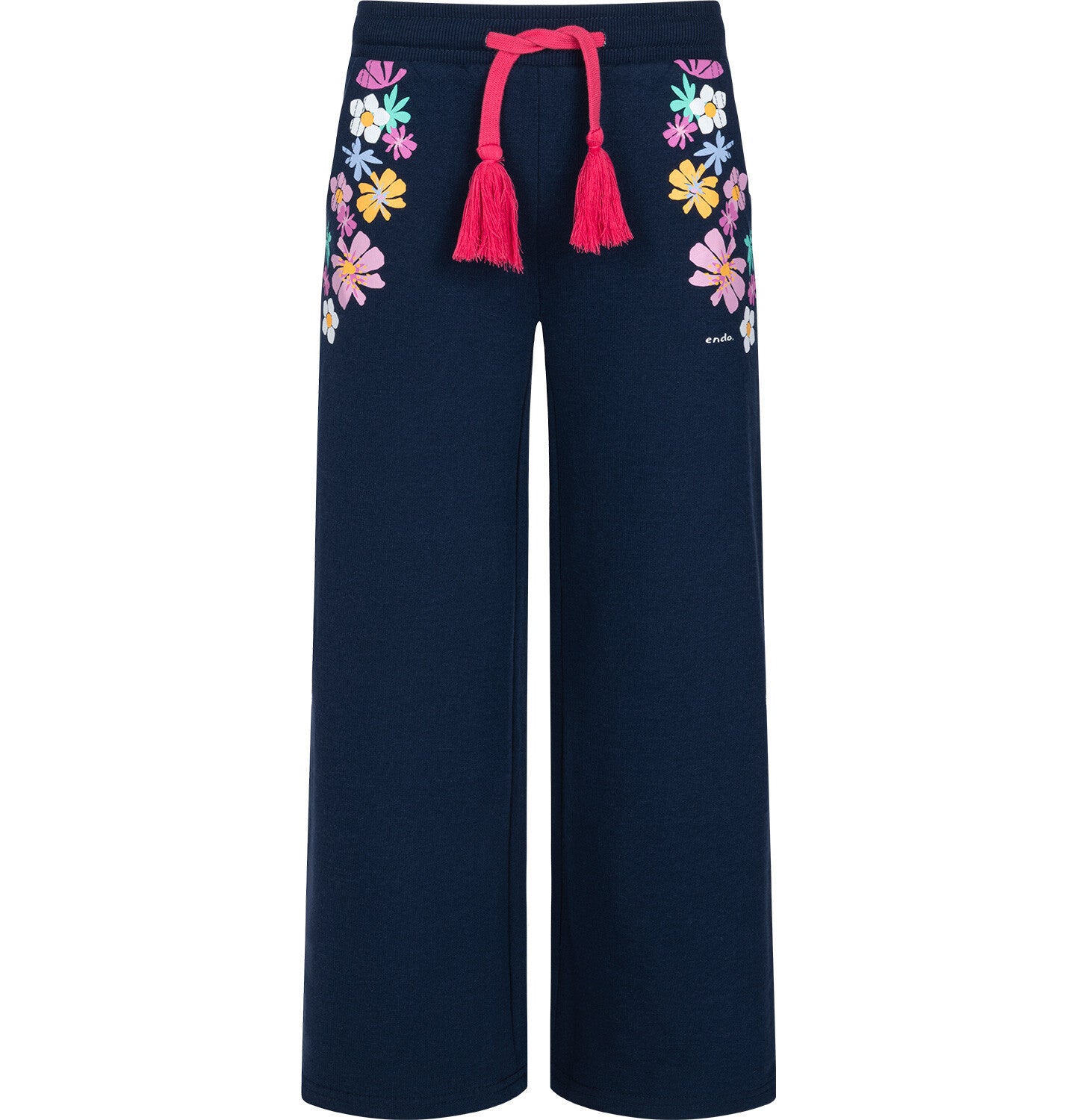 Girls' sweatpants with a floral motif, navy blue, 9-13 years old