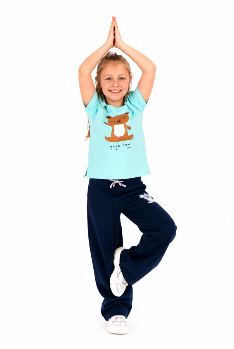 T-shirt z krótkim rękawem dla dziewczynki, z motywem yogi, niebieska 3-8 lat