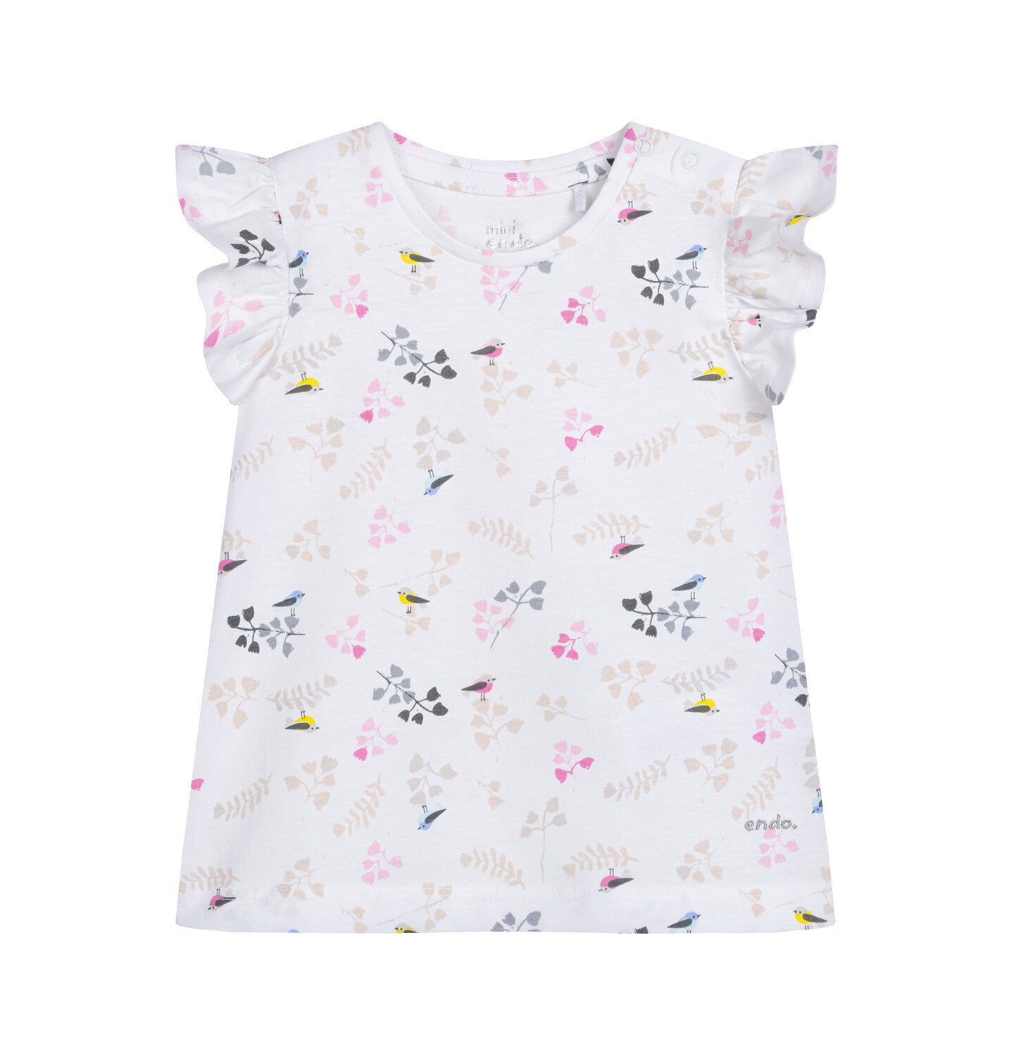 Blouse with decorative sleeves for children up to 2 years old, with a plant motif and birds, white