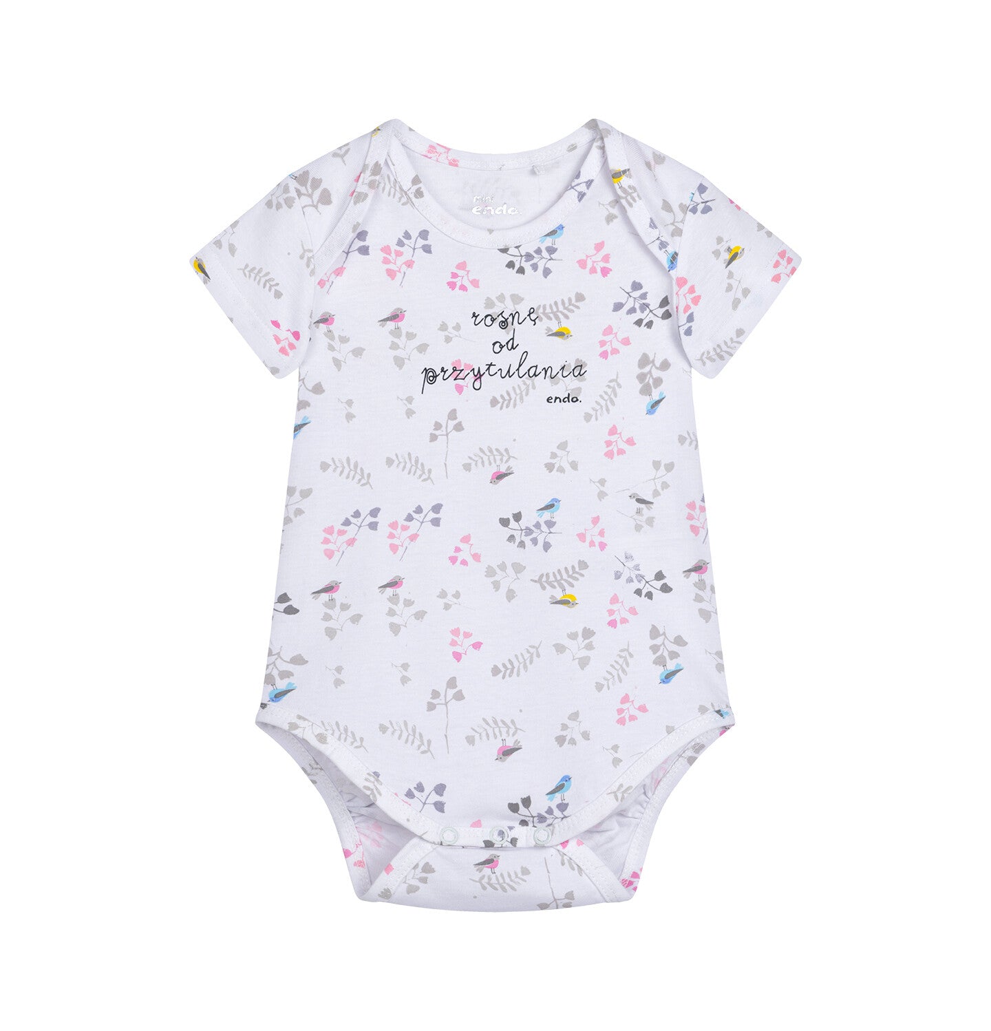 Short-sleeved bodysuit for children up to 2 years old, with a plant motif and birds, white