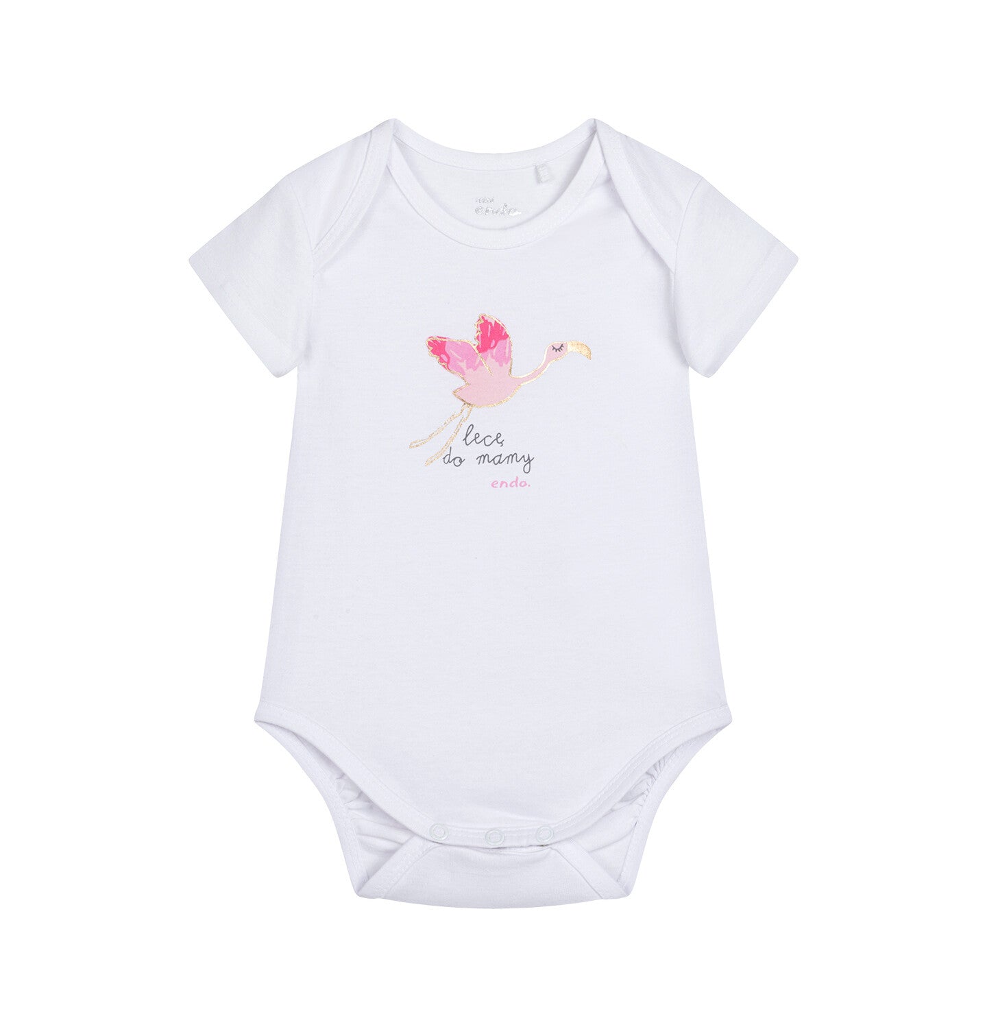 Short-sleeved bodysuit for children up to 2 years old, with a flamingo and the inscription "I'm flying to my mommy", white