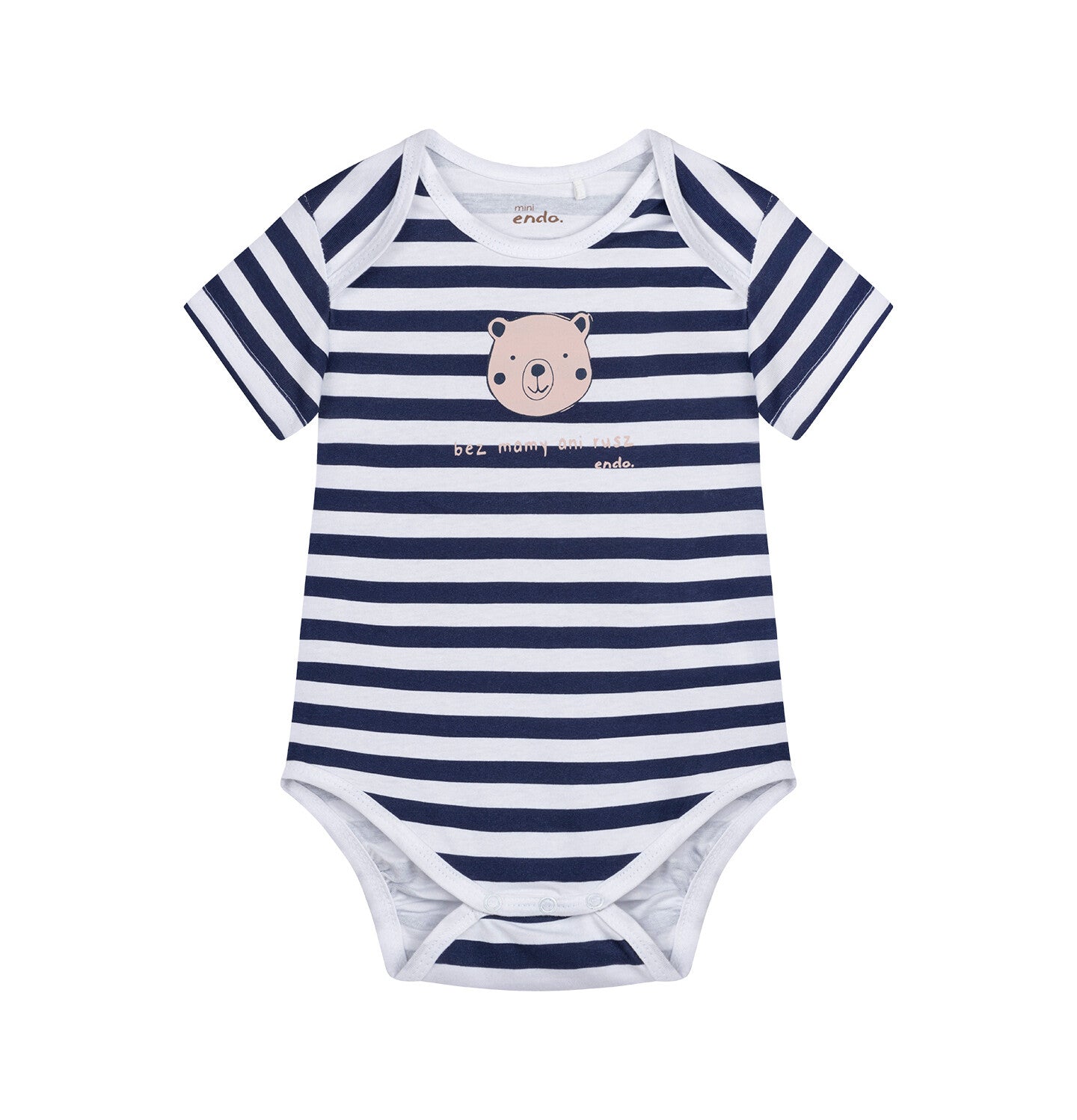 Short-sleeved bodysuit for children up to 2 years old, with a teddy bear and the inscription "No way without mommy," striped