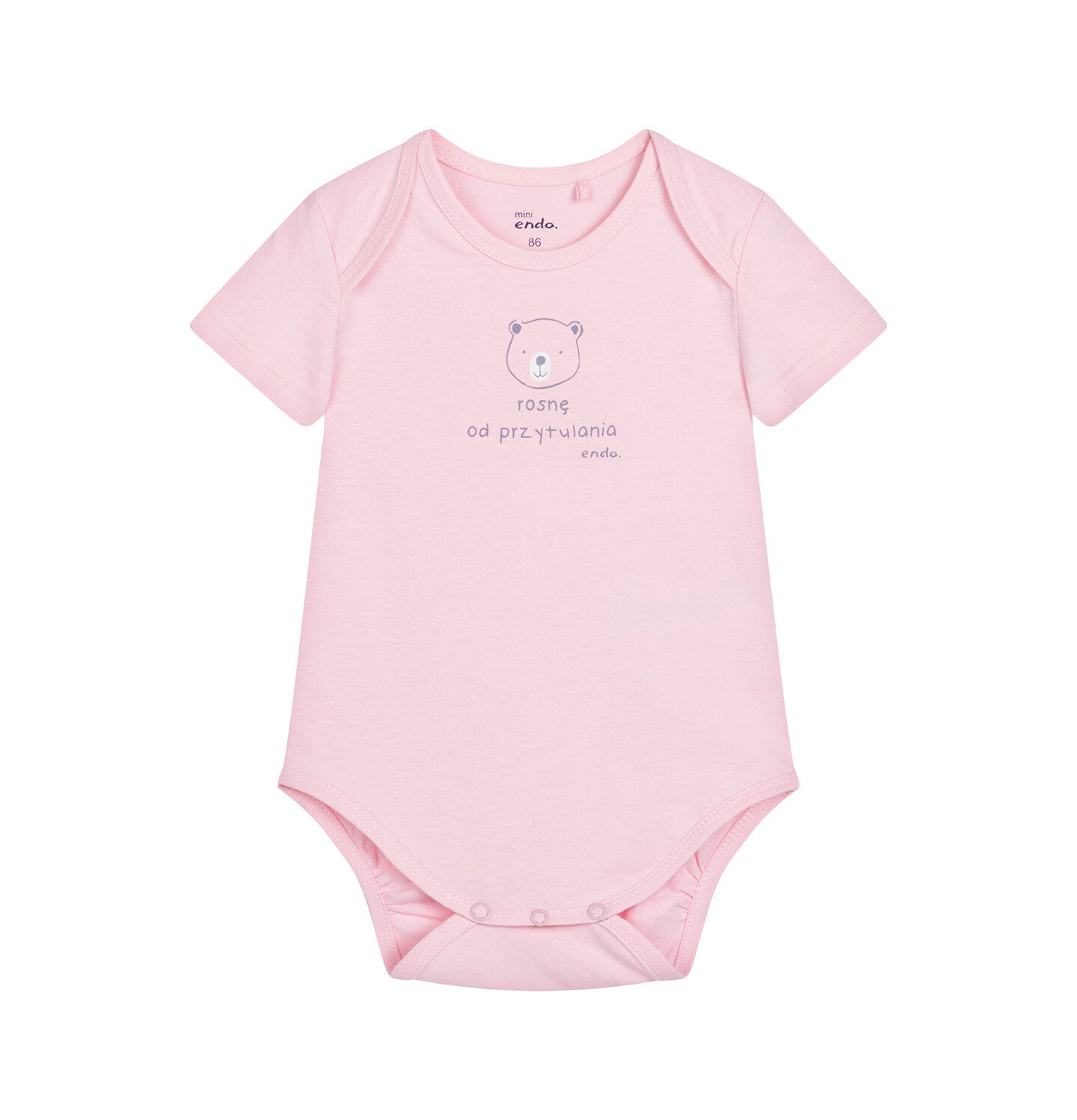 Short-sleeved bodysuit for children up to 2 years old, with a teddy bear and the inscription "I grow from hugging", light pink