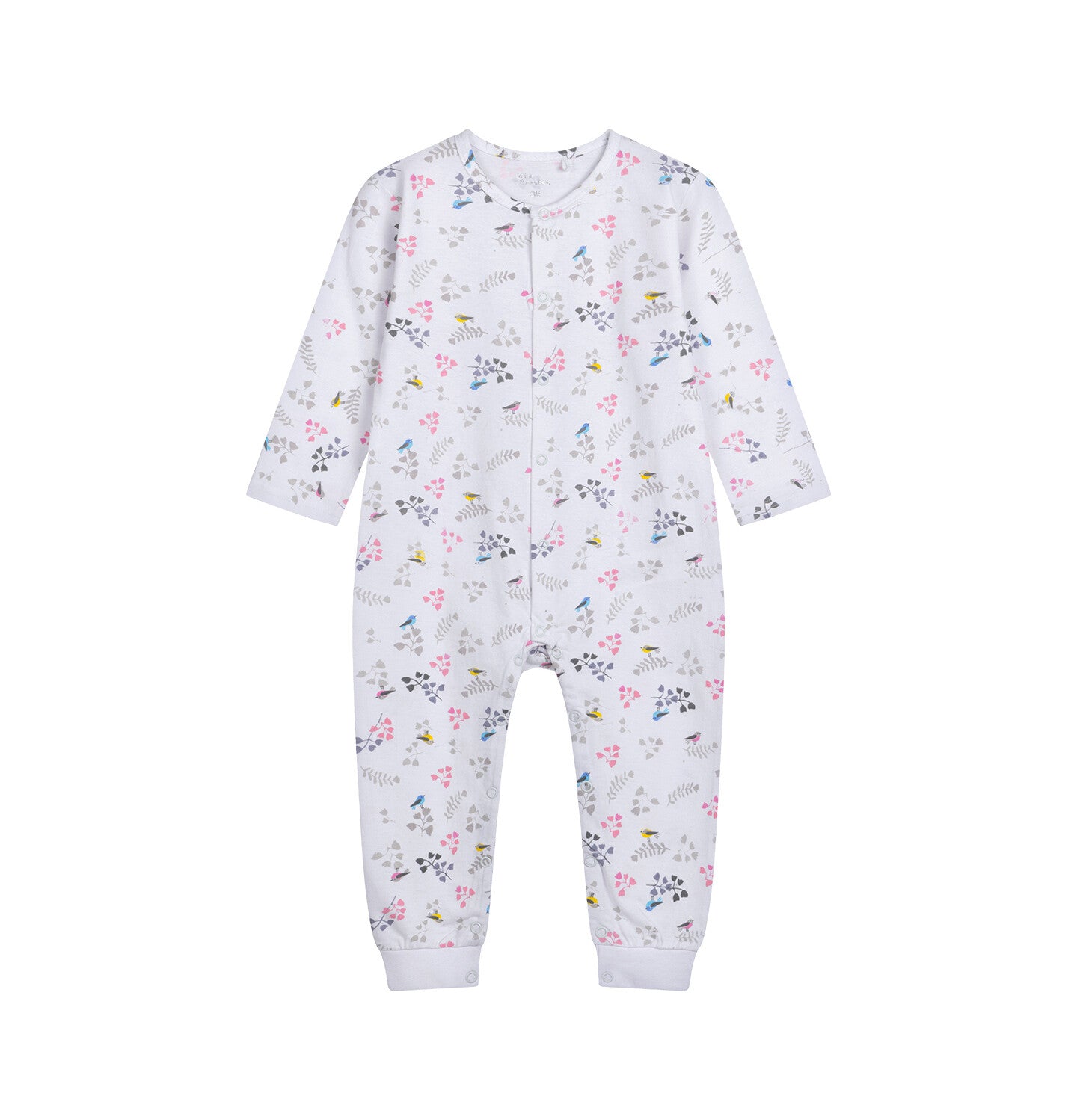 A romper for children up to 2 years old, with a plant motif and birds, white