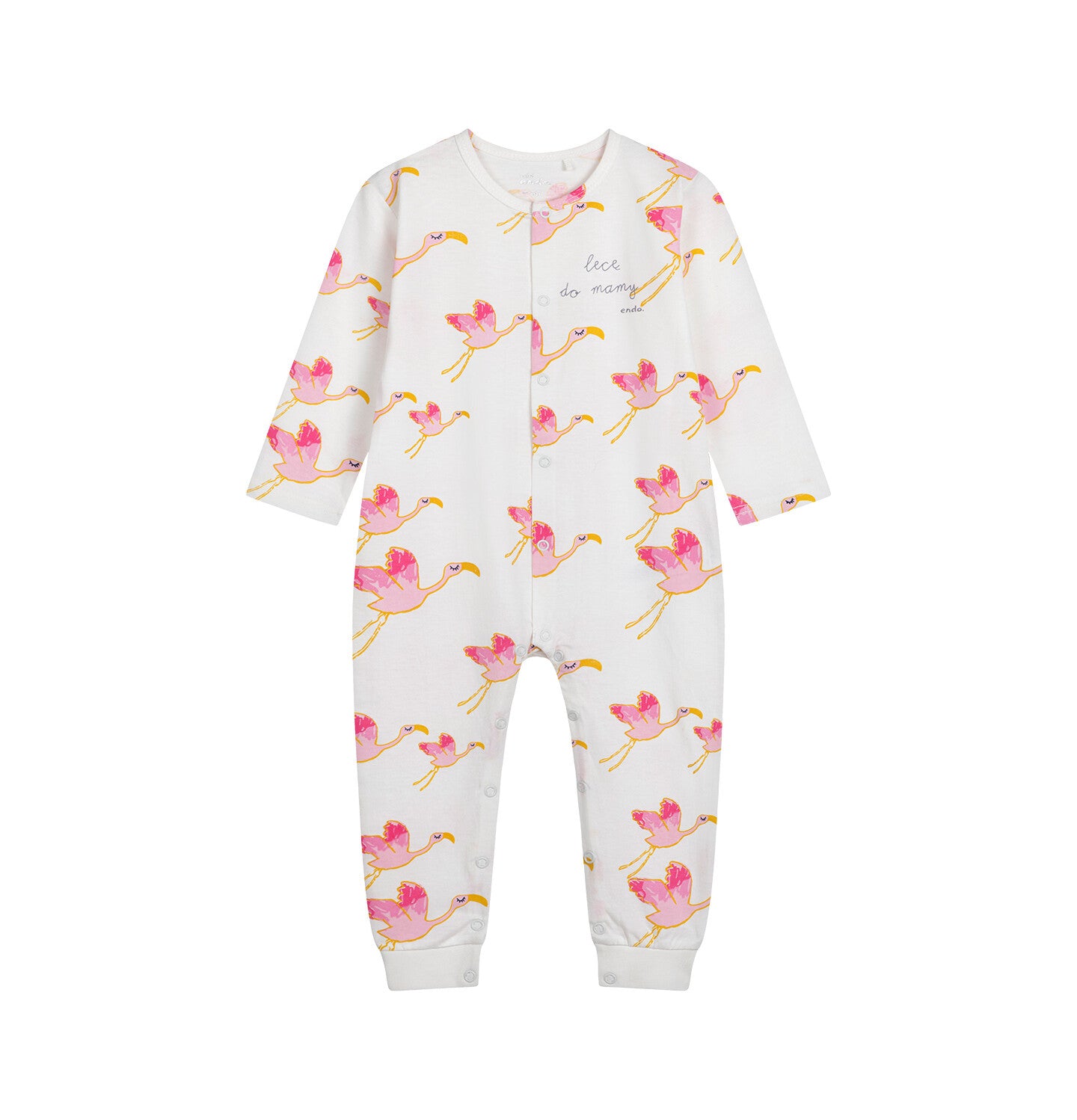 A romper for children up to 2 years old, with flamingos and the inscription "I'm going to my mom", white