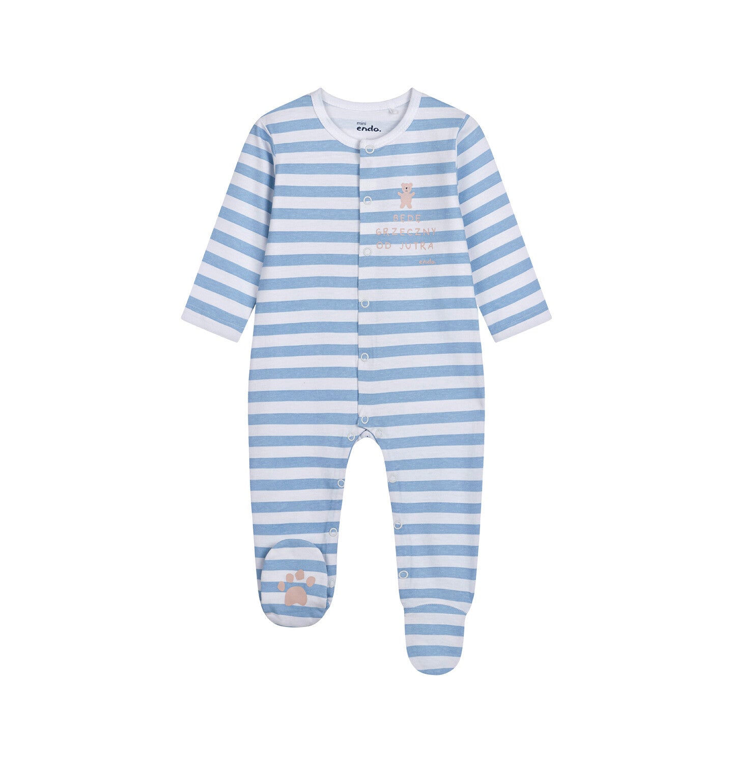 A romper for children up to 2 years old, with a teddy bear and the inscription "I will be good from tomorrow", striped