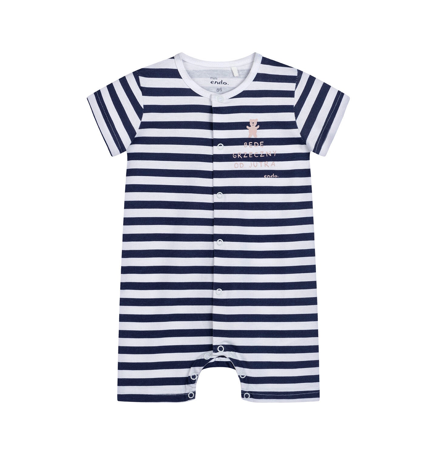 Short-sleeved rompers for children up to 2 years old, with a teddy bear and the inscription "I will be good from tomorrow", striped