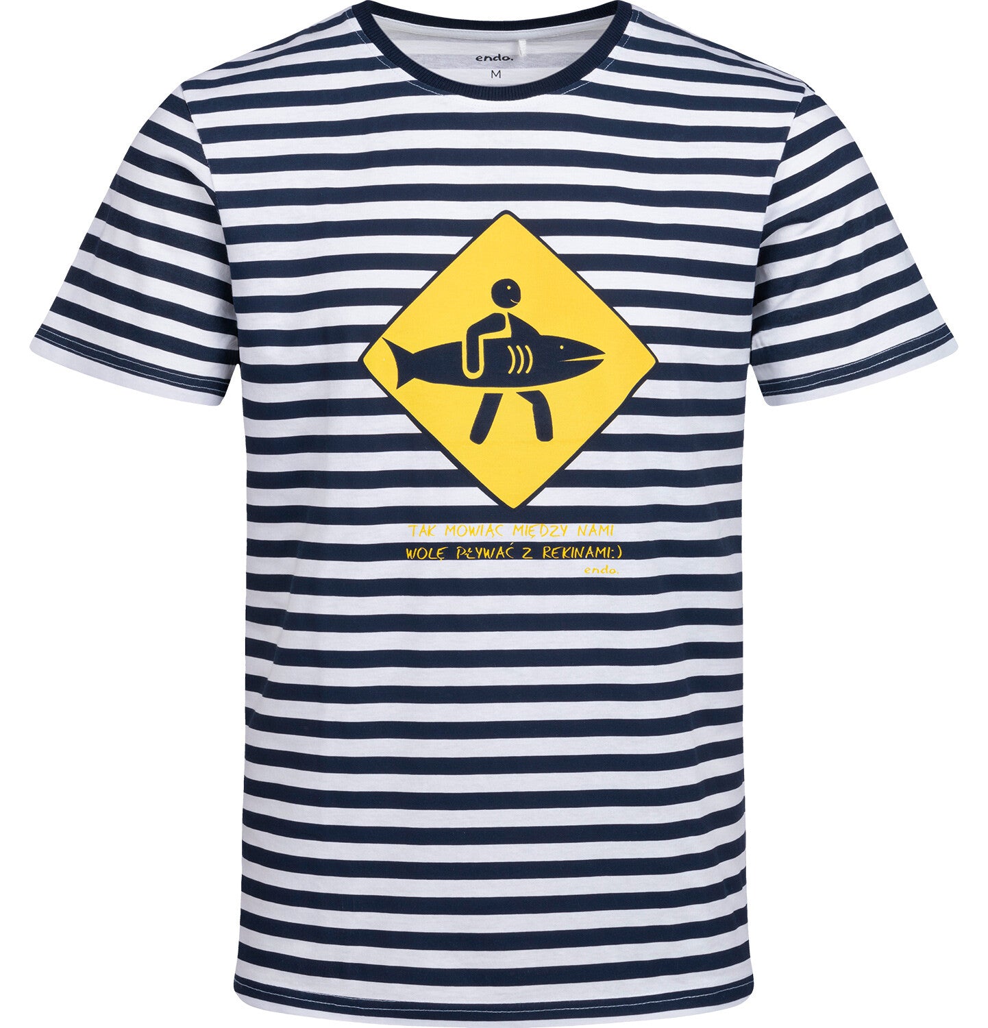 Men's short-sleeved T-shirt with a swimming motif and the inscription "between you and me, I prefer swimming with sharks", striped