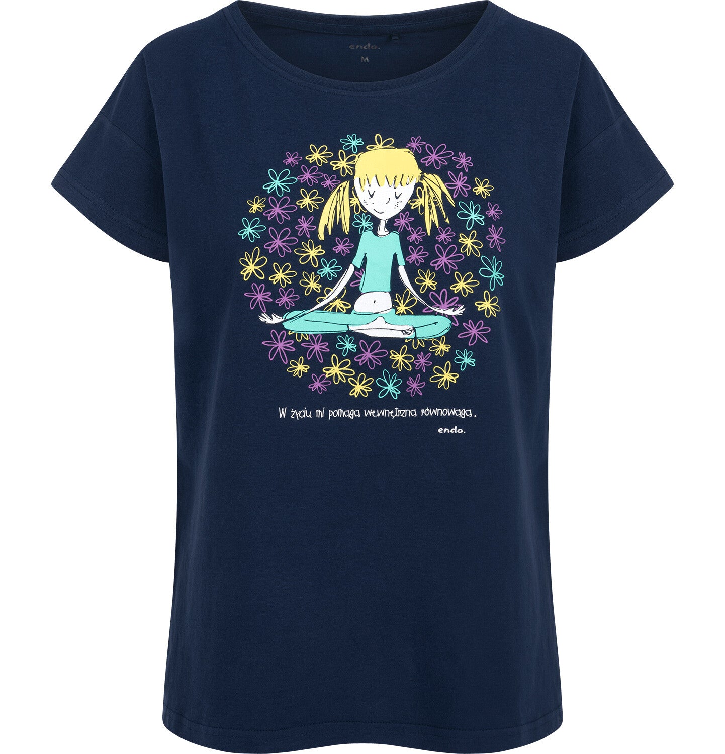 Women's short-sleeved T-shirt with the inscription "Inner balance helps me in life", navy blue